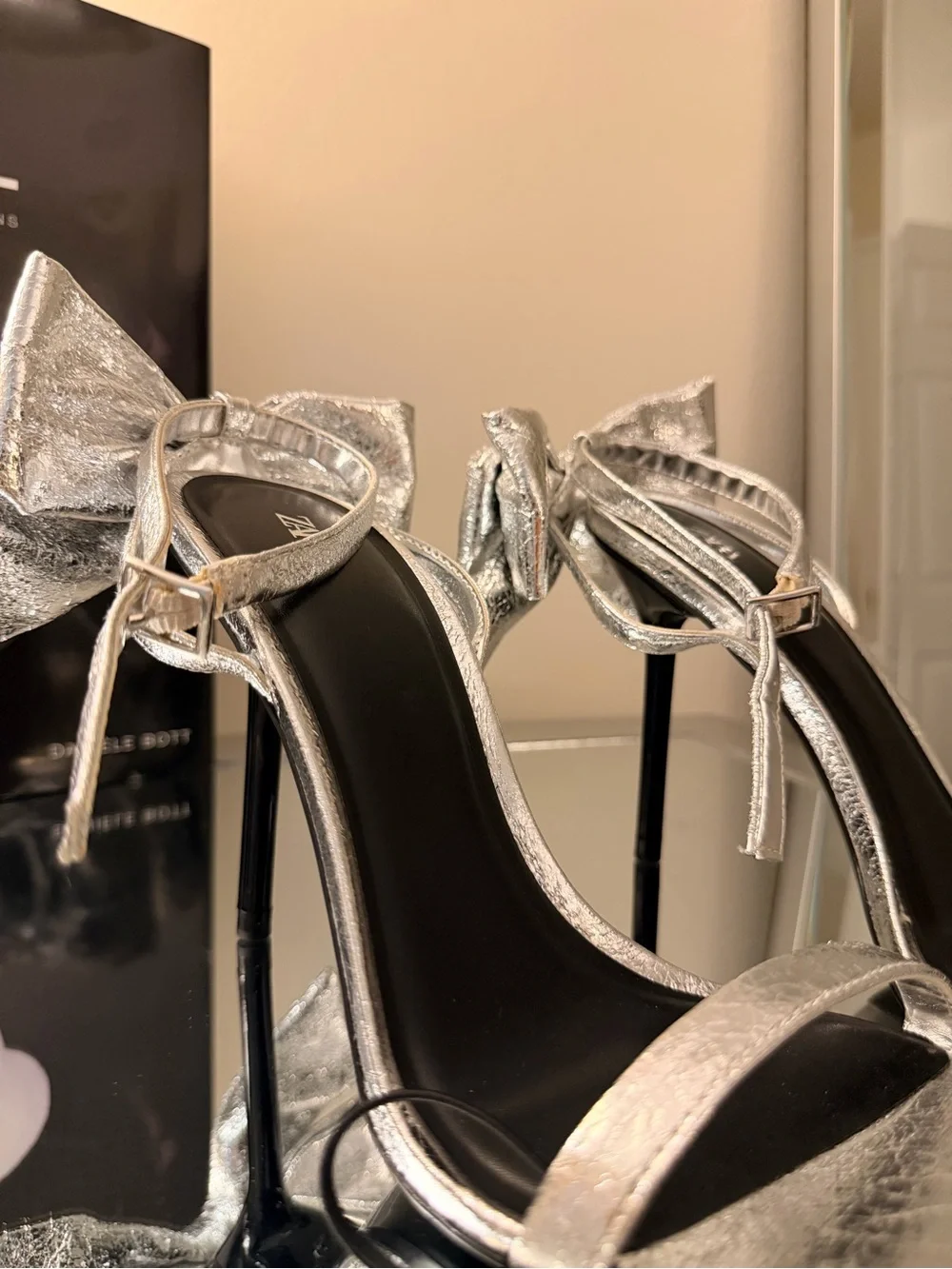 Zara Silver Metallic Bow Strappy High Heel Sandals